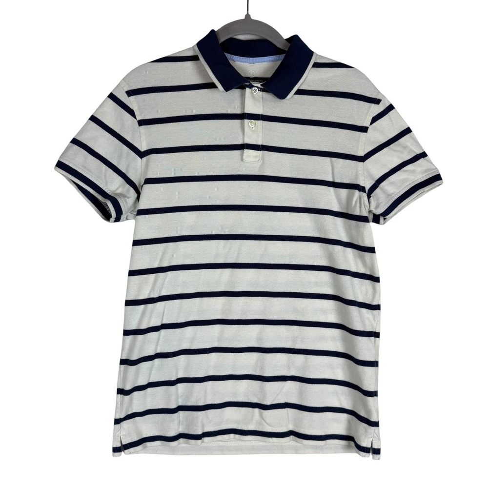 Lands' End Polo Shirt Mens Medium White Navy Stripe Slim Fit Pique Cotton Casual